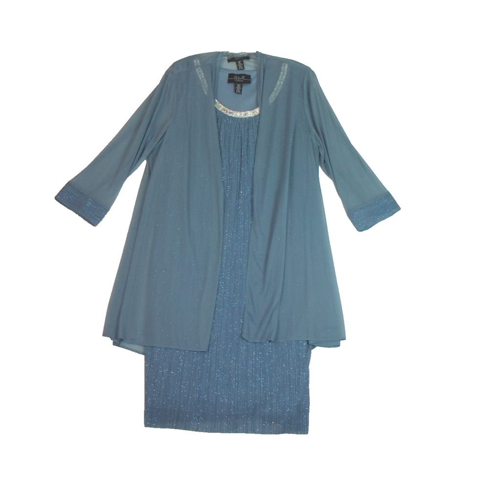 R&M Collection Womens Blue Sleeveless Sheath Beaded Rhinestone Dress w/Jacket 16